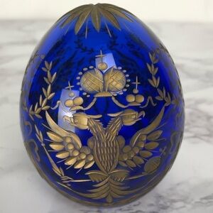 Vintage Russia Etched Art Glass Egg Gold Inlay Handi-Work St. Petersburg Russia